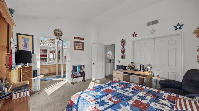 carpeted bedroom with lofted ceiling and a closet