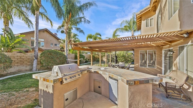 view of patio featuring area for grilling, a grill, and a pergola