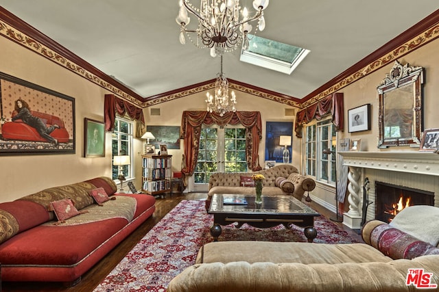 living room featuring vaulted ceiling with skylight, dark hardwood / wood-style floors, a chandelier, and french doors