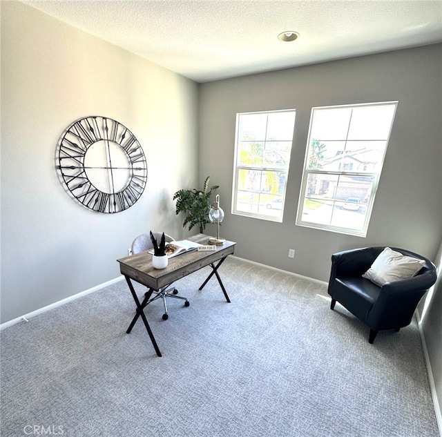 carpeted office featuring a textured ceiling