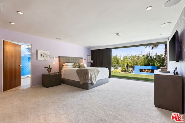 bedroom with light carpet and multiple windows