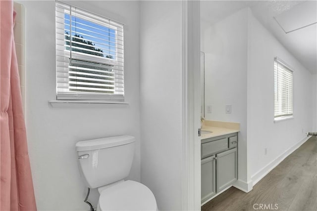 bathroom featuring toilet, vanity, baseboards, and wood finished floors