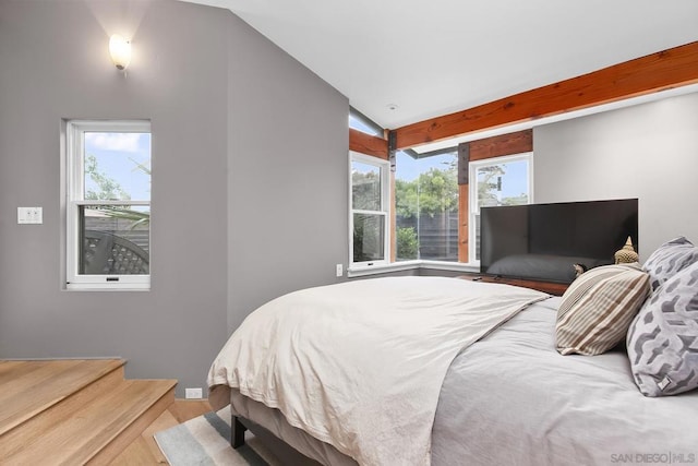 bedroom featuring multiple windows, wood-type flooring, and vaulted ceiling