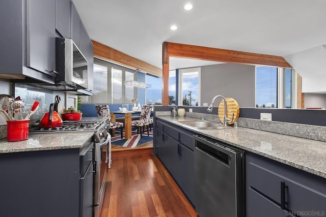 kitchen featuring dark hardwood / wood-style flooring, sink, light stone counters, and stainless steel appliances