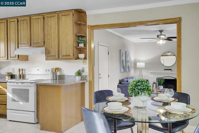 kitchen featuring ornamental molding, ceiling fan, electric range, and a fireplace