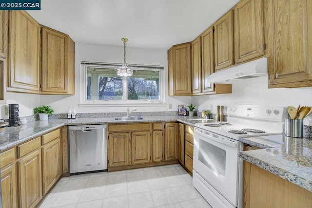 kitchen with sink, white electric range, hanging light fixtures, light stone countertops, and stainless steel dishwasher