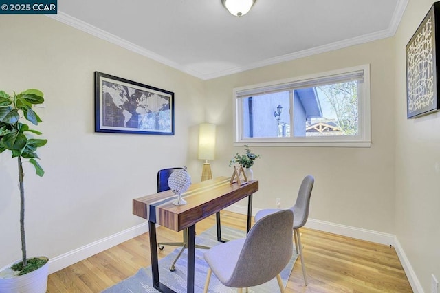 office featuring crown molding and light wood-type flooring