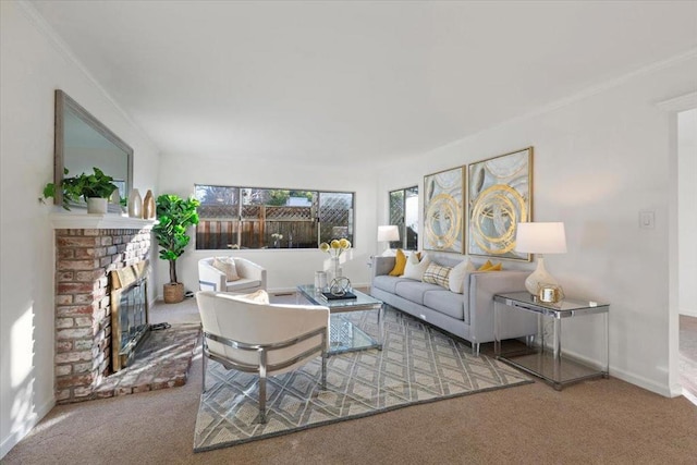 carpeted living room featuring a fireplace