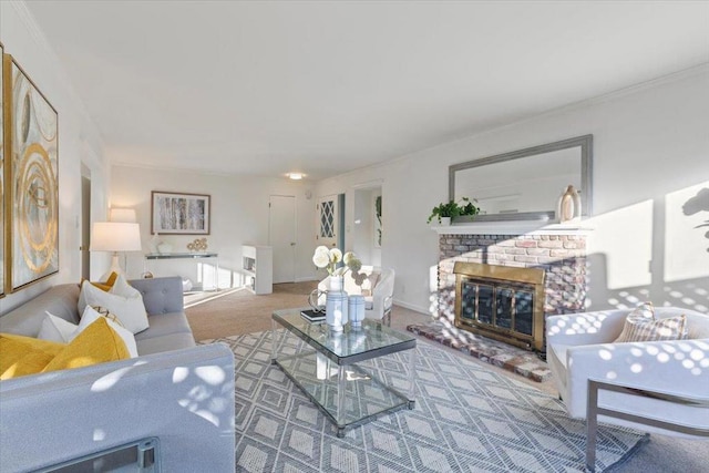 living room featuring crown molding, carpet flooring, and a fireplace