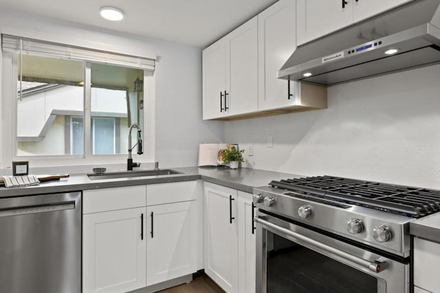 kitchen featuring stainless steel appliances, white cabinetry, and sink