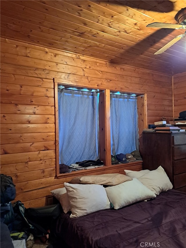 bedroom featuring ceiling fan and wood ceiling