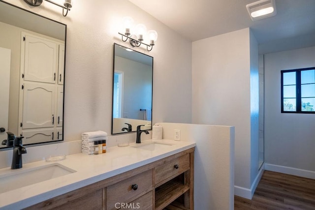 bathroom with double vanity, wood finished floors, baseboards, and a sink