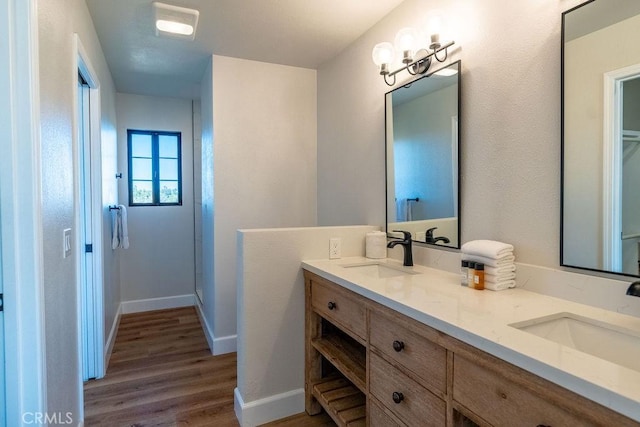 bathroom with a sink, baseboards, wood finished floors, and double vanity