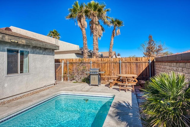 view of pool featuring area for grilling and a patio