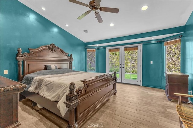 bedroom with french doors, ceiling fan, access to exterior, and vaulted ceiling