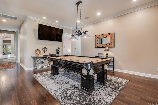 recreation room featuring crown molding, billiards, and dark hardwood / wood-style floors