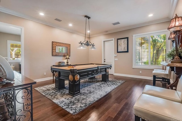 playroom with dark wood-type flooring, billiards, and crown molding