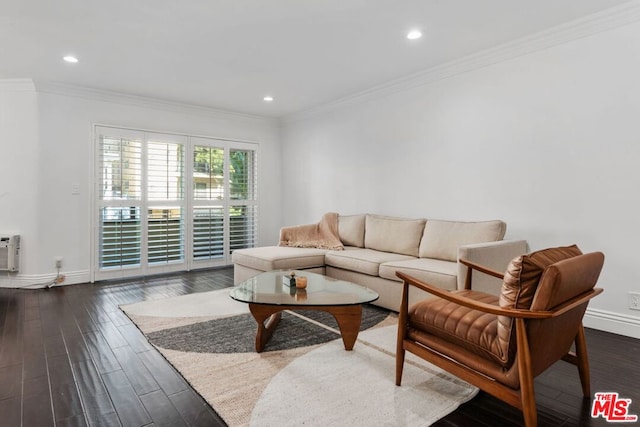 living room with crown molding and dark hardwood / wood-style floors