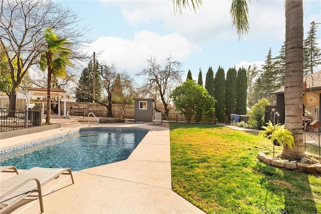 view of pool with a patio and a lawn