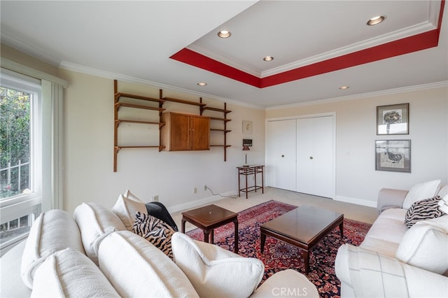 living room featuring ornamental molding, a raised ceiling, and carpet floors