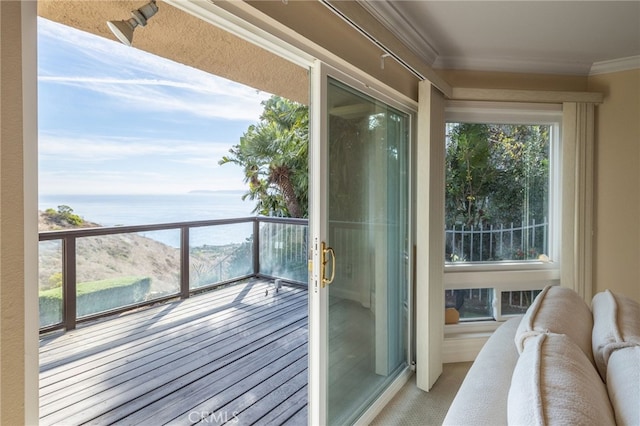 entryway featuring crown molding and a water view