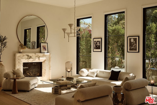 living area with wood-type flooring and a fireplace