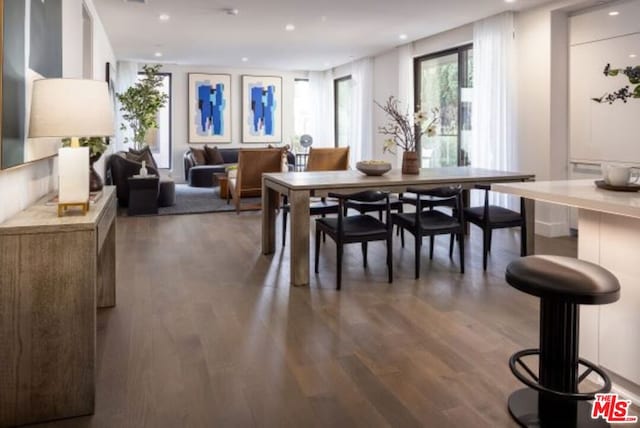 dining area featuring dark wood-type flooring