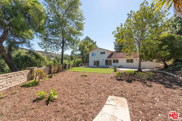 view of yard featuring a mountain view and a patio