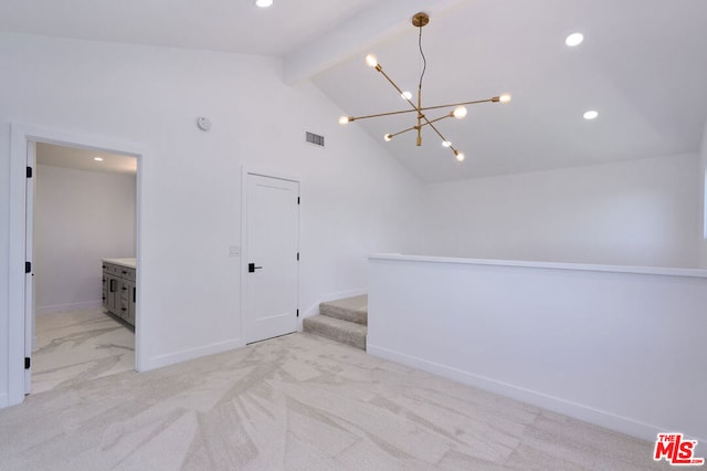 carpeted spare room with high vaulted ceiling, a chandelier, and beamed ceiling