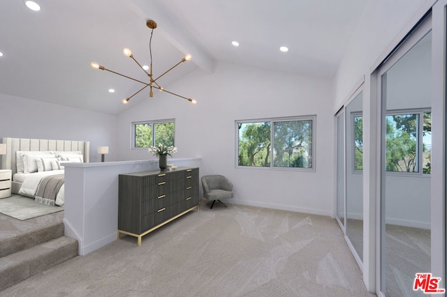 carpeted bedroom featuring an inviting chandelier, beam ceiling, and high vaulted ceiling