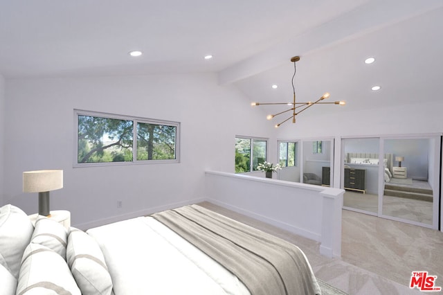 carpeted bedroom featuring vaulted ceiling with beams and a notable chandelier