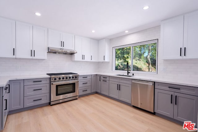 kitchen featuring gray cabinets, appliances with stainless steel finishes, and light wood-type flooring