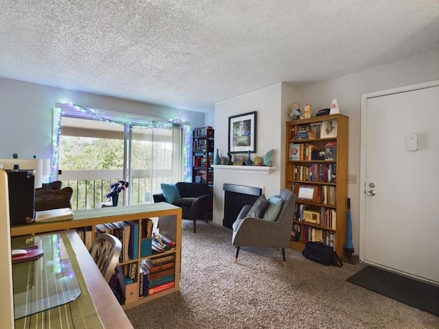 office area featuring carpet floors and a textured ceiling