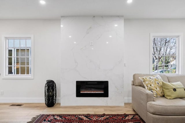 living room with a fireplace and hardwood / wood-style floors