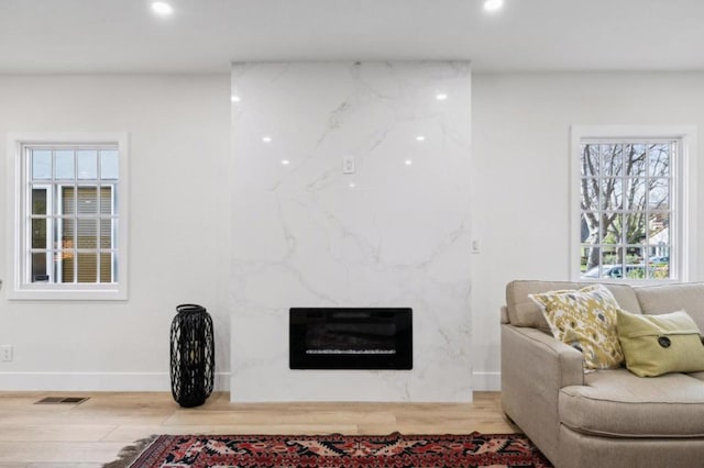 living room featuring hardwood / wood-style floors and a high end fireplace