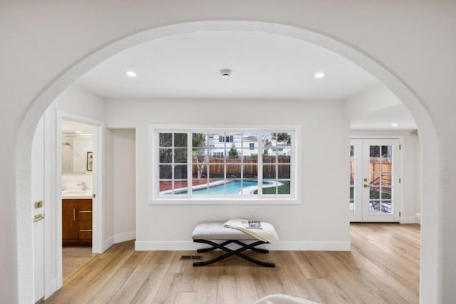 unfurnished room featuring sink, light hardwood / wood-style floors, and a wealth of natural light