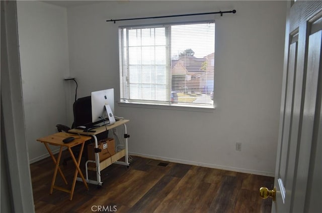 home office featuring dark hardwood / wood-style flooring