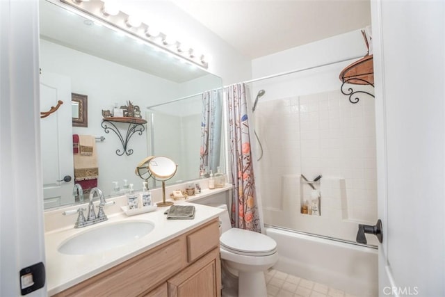 full bathroom featuring toilet, vanity, and shower / bath combination with curtain