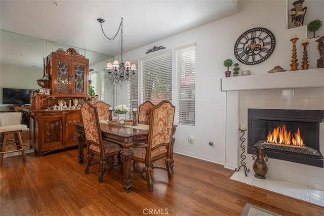 dining room featuring a tiled fireplace, a wealth of natural light, and wood-type flooring