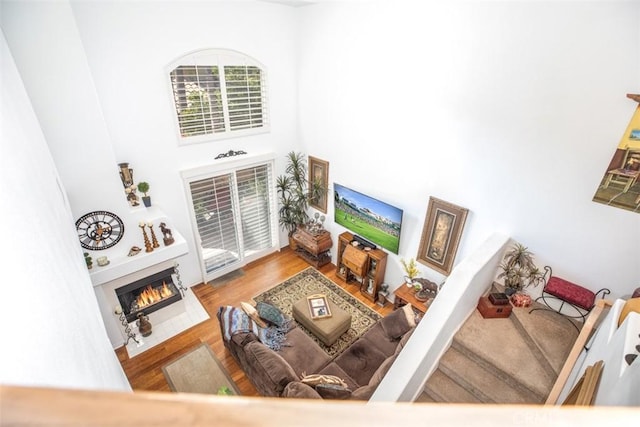 living room featuring hardwood / wood-style flooring and a towering ceiling