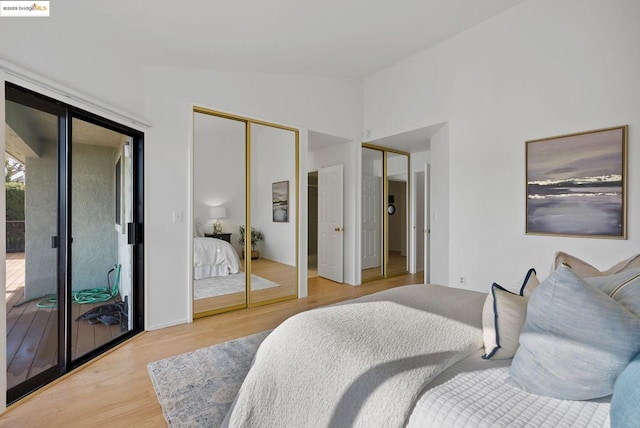 bedroom with vaulted ceiling, wood-type flooring, and two closets