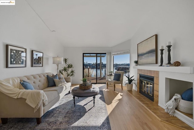 living room featuring light hardwood / wood-style flooring and a fireplace