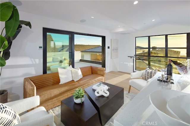 living room with a healthy amount of sunlight and lofted ceiling