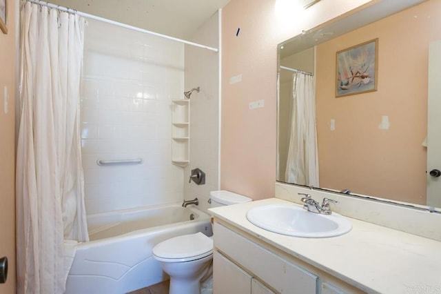 full bathroom featuring toilet, vanity, and shower / bathtub combination with curtain