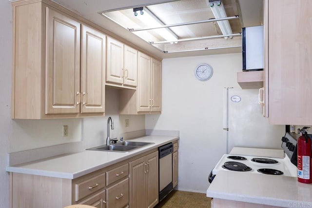 kitchen featuring stainless steel dishwasher, white electric stove, light brown cabinetry, and sink