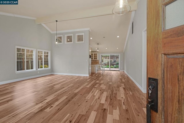 unfurnished living room featuring beam ceiling, ornamental molding, high vaulted ceiling, and light hardwood / wood-style floors