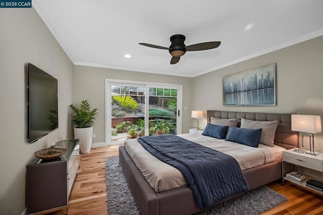 bedroom with access to outside, ornamental molding, ceiling fan, and light wood-type flooring