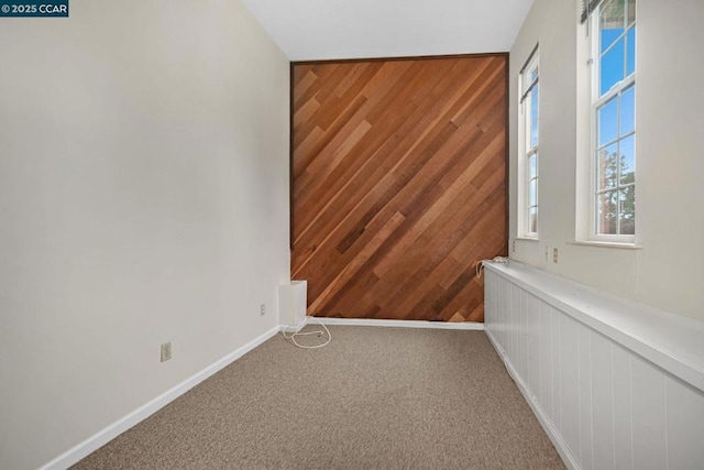 carpeted empty room featuring wooden walls