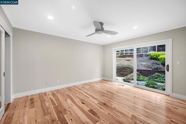 interior space with ornamental molding, light hardwood / wood-style floors, ceiling fan, and access to outside