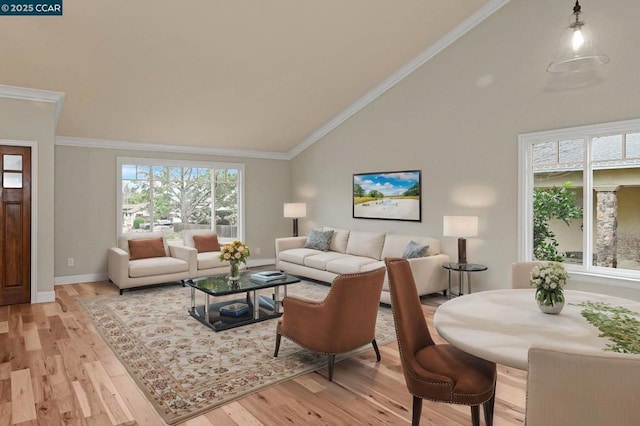 living room featuring high vaulted ceiling, ornamental molding, and light hardwood / wood-style floors